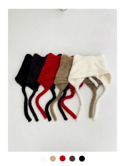 1pc Soft & Fluffy Cat Ear Knitted Earmuff Hat, Cute Winter Large Head Circumference Hat With Windproof Cord, Warm & Versatile Acrylic Beanie With Plush Cat Ears, New Autumn/Winter Warm Earflap Hat