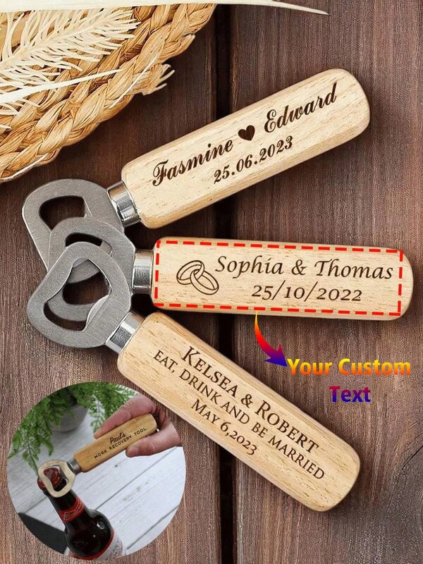 Customized Text/Logo Wooden Bottle Opener, Personalized Wedding Gift And Party Favor, Groomsman/Bridesmaid Gift, Father's Day Gift For Dad, Stainless Steel And Wood Kitchen Tool