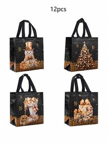 12 pungi de cadouri festive de Crăciun - model cu om de zăpadă, brad și șosetă, negre și aurii cu mânere, genți tote nețesute pentru petreceri de sărbători, pungi de cadouri de Crăciun