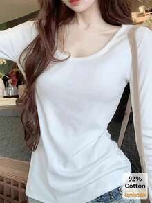 Women'sLong Sleeve T-Shirt, Versatile U-Neck Slim Fit Solid Color Undershirt, Autumn Casual White Spring - White - View 1