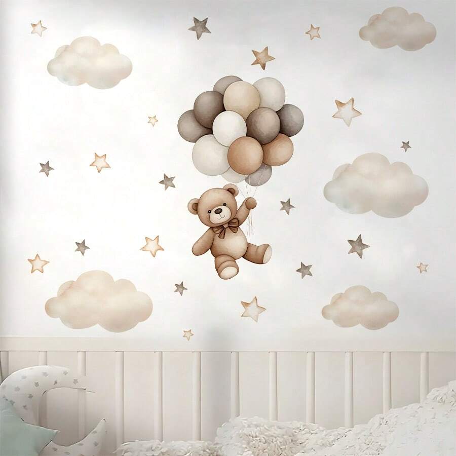 1pc 30*90cm PVC Removable Wall Sticker, Cartoon Bear Balloon Wall Decal, Suitable For Room, Bedroom, Living Room, Study, Dining Room, Home Decoration