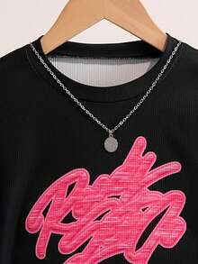 2pcs/Set Girls Casual Sports Street Style Comfortable Daily Wear Long Sleeve T-Shirt And Distressed Denim Pants Set, Spring/Autumn