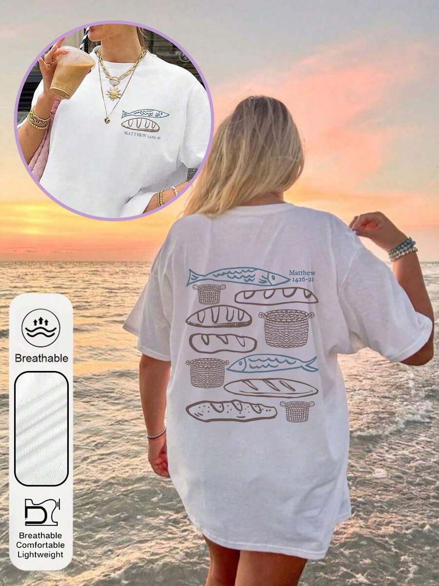 Women's Summer Christian Graphic Print Round Neck Short Sleeve Simple Casual Everyday T-Shirt Tops, Jesus Women's Tops, Bohemian Style Women's Summer Clothes, Religious Summer Tops - White - View 1