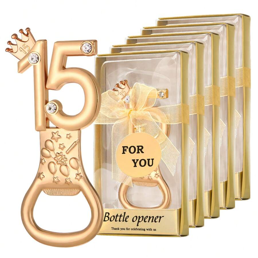 Set da 24 pezzi, include 15 apribottiglie, adatto come regalo per il 15° compleanno, bomboniera per festa di compleanno, regalo di anniversario, ricordo di matrimonio e regalo per gli ospiti, regalo di San Valentino, forniture per cucina e bar, bomboniera. - Dorato - Visualizzare 1