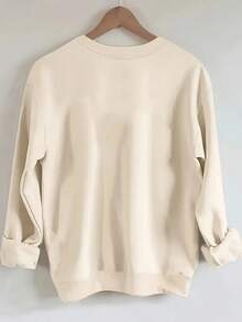 Women's White Dachshund In Striped Shirt & Oui Ner Graphic Casual Sweatshirt - Soft Light Beige-Friendly Fabric, All-Season Round Neck Pullover, Machine Washable Funny Dog Lover Apparel For Casual Attire - 杏色 - 查看 2