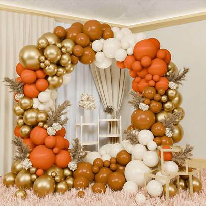123pcs Gold, Skin Tone, Brown, Orange Latex Balloons, Suitable For Birthday, Wedding, Bridal Shower, Anniversary, Carnival, Baby Shower, Hawaiian Party, Backdrop, Home Decor, Christmas, Autumn Harvest, Fall Party, Thanksgiving Decoration