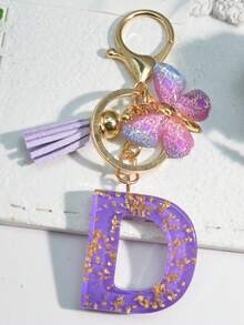 1pc Resin Starry Sky Epoxy English Letter Keychain With Tassel & Fluffy Pom Pom Decor, Gift For Friends & Mothers, Heart Pendant Christmas - Purple - View 7