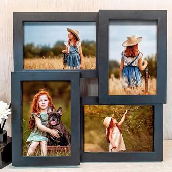 1 套时尚创意黑色组合相框，可展示 4 张 4x6 英寸或 5x7 英寸照片，适合展示家庭、风景、旅行照片，可用于客厅、门厅、走廊墙壁艺术展示（照片仅供参考，随机包含相纸）