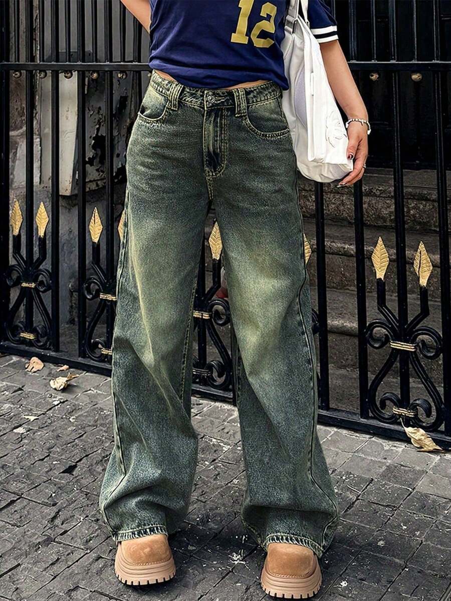 ¡BRILLO Clásico! Pantalones Vaqueros Rectos Mujer de Color Sólido - Tiro Medio, Lavado Vintage, Estilo Retro - Retro - Ver 1