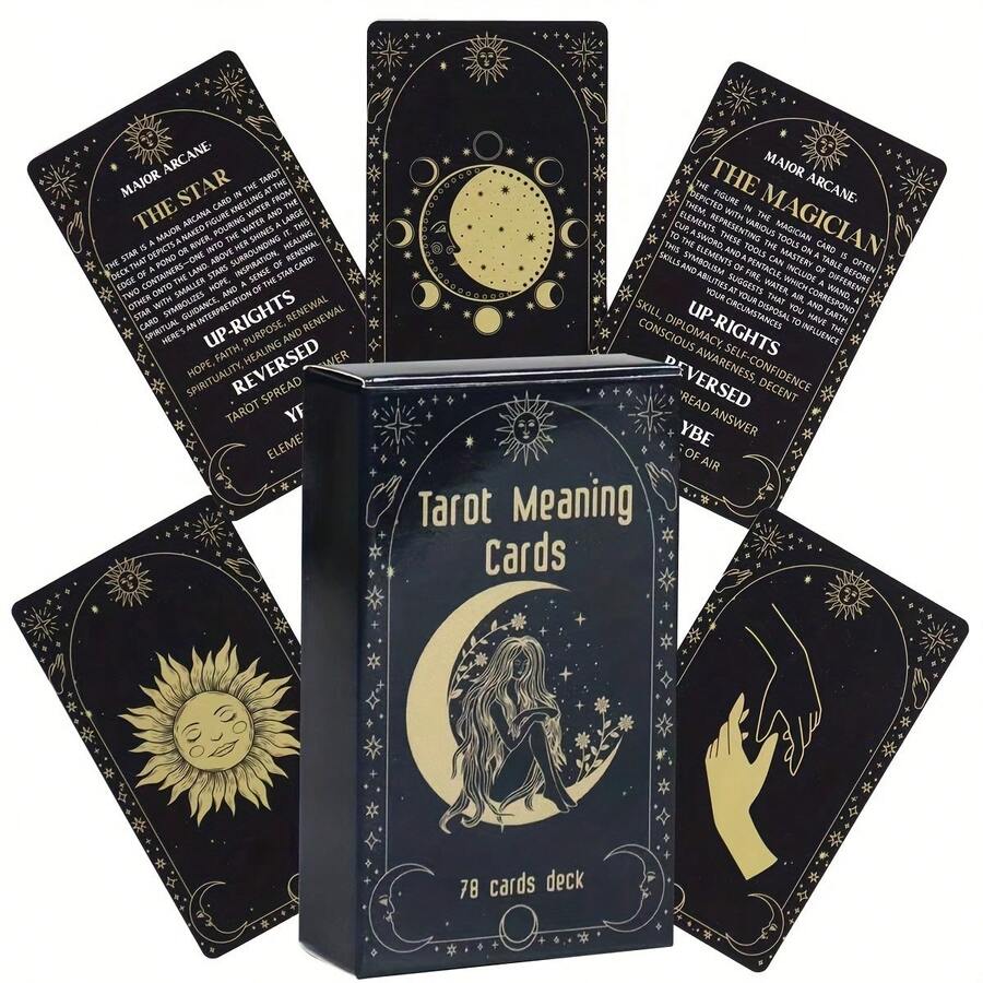 78-Card High-Quality Tarot Deck With Dual-Sided Imagery & Meanings Guidebook - Suitable For Ages 14 & Up Christmas, Halloween, New Year's Gifts, Game Cards - Black - View 1
