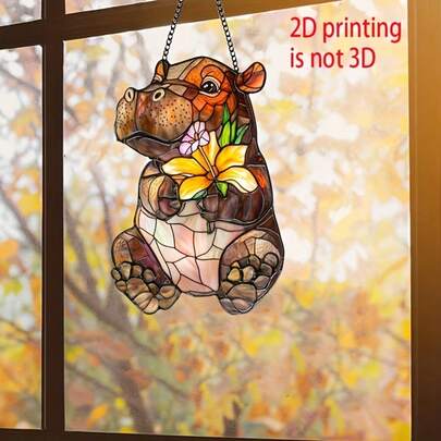 2D 平面迷人河马亚克力捕光器 - 彩色玻璃风格 2D 装饰，带有秋叶和花朵，非常适合圣诞节、情人节、感恩节 - 易于悬挂的家居和花园窗户艺术、户外装饰