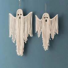 1pc/2pcs Boho Halloween Ghost Wall Hanging Decor, Macrame Fringe Spooky Ghost Ornaments, Bohemian Wall Art For Home, Living Room, Fireplace, Party, Haunted House Decoration Home Decor Halloween Decor Room Decor