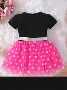 女童波尔卡圆点印花短袖公主可爱泡泡袖连衣裙，夏季 - 玫紅色 - 查看 3