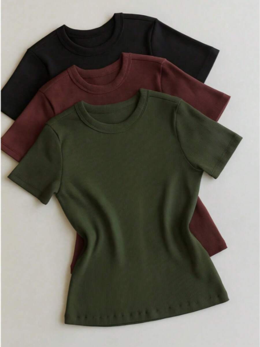 3 Piece Kit Women's Short Sleeve T-Shirt Blouse Plain Ribbed Fabric Cotton Long Basic - 黑色+棕色+軍綠色 - 查看 1