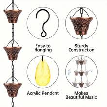 8.5-Foot Copper Bell Shaped Rain Chain With 12 Cups Of Metal Bronze Rain Chain For Drainage Ditches, Suitable For Outdoor Decoration In Yards, Lawns, And Gardens, Easy To Install, Rust Free, And Durable