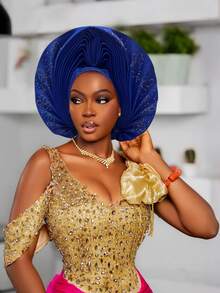 Nigerian Headwear Aso Oke Headband, Women's Wrapped Rhinestone, African Headscarf Hat, Auto Gele Headband, Handmade Fashionable Headwear, Suitable For Weddings, Parties, And Other Festivals - Multicolor - View 6