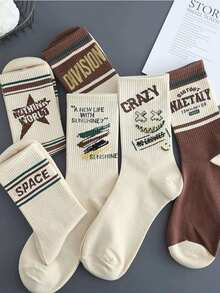 5 perechi de șosete cu imprimeu retro în stil aleatoriu, șosete sport la modă pentru bărbați - Multicolor - Vizualizare 2