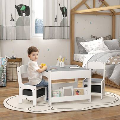  HOMCOM 3 Piece Kids Table And Chair Set, 3 In 1 Design Kids Desk And Chair Set With Blackboard, Storage, Bookshelves, For Nursery, Playroom, Classroom - Grey
