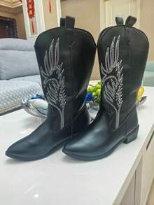 Botas de estilo occidental bordadas vintage para niñas, botas de montar de plataforma retro de media pantorrilla con corte en V, nuevas llegadas de invierno - Negro - Ver 6