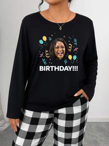 Plus Size Custom Birthday Portrait Funny Graphic Long Sleeve Knit Women, Casual Style, Fall/Winter Collection, Adult Home Wear Tops, Cozy