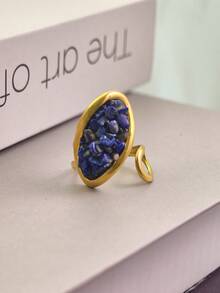 1pc Elegant Oval Textured Natural Stone Jewelry, Geometric Criss-Cross 18K Gold Plated Stainless Steel Adjustable Ring, Suitable For Women, Couples, Daily Wear, Parties, Halloween, Gifts For Friends