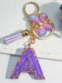 1pc Resin Starry Sky Epoxy English Letter Keychain With Tassel & Fluffy Pom Pom Decor, Gift For Friends & Mothers, Heart Pendant Christmas - Purple - View 5