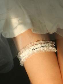Satin Lace Wedding Garter, Customizable Name Date Letter Embroidery, Faux Pearl Double Layer Adjustable Plus Size Garter, Wedding Keepsake - Multicolor - View 3