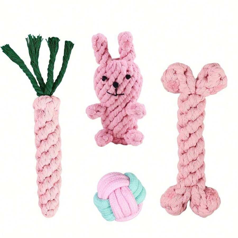 4pcs Dog Toys Set, Woven Rope Knot Toys, Puppy Chew Toys For Teeth Cleaning & Grinding, - Multicolor - View 1