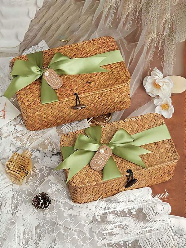 1pc Handmade Woven Storage Box With Lid, Bohemian Style Desktop Organizer Container, Multipurpose Storage For Kitchen, Bathroom, Bedroom, Living Room, Office, Home, Decor, Kitchen Accessories, Gift Box, Bamboo Basket Gift, Wedding Favor, Halloween, Christmas,For Back To School