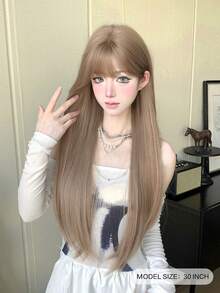 alicegarden 1 hitzebeständige synthetische Perücke, lange braune gerade Perücke mit Pony-Stil, 30 Zoll lang, aus Kunstfaser, für täglichen Partygebrauch, natürliche und realistische Perücke (ohne Zubehör) - Braun - Übersicht 2