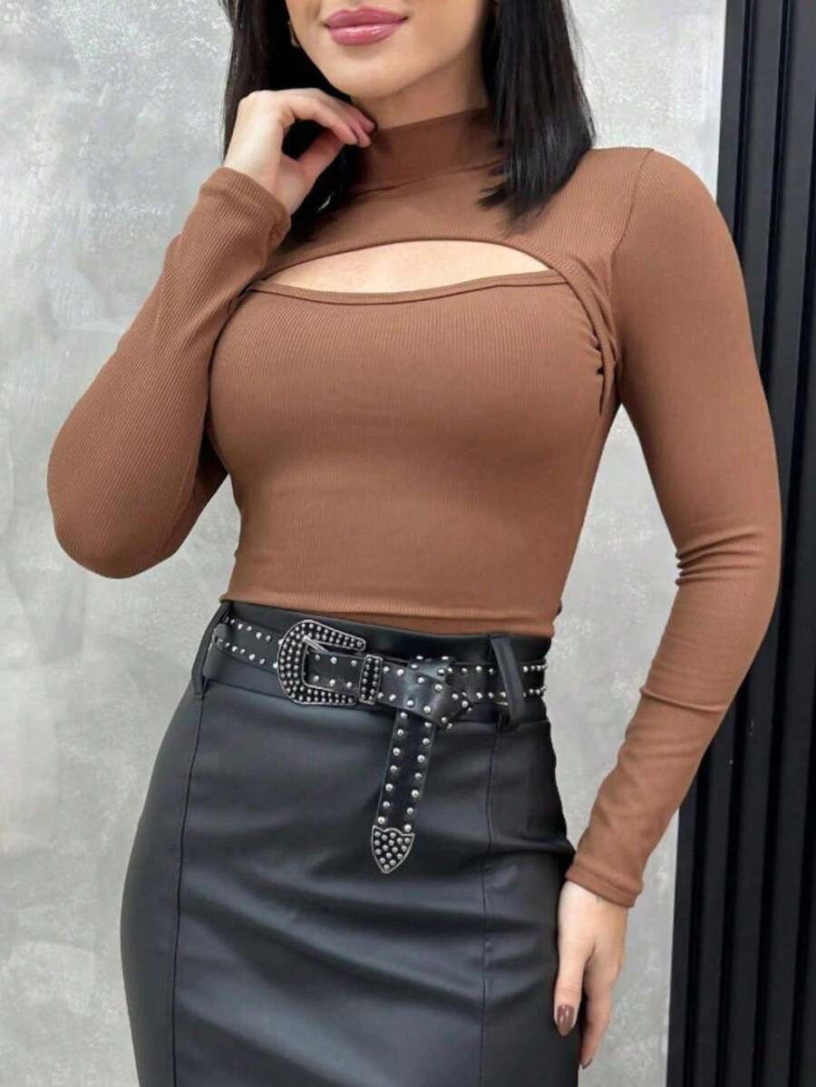 SIMPLE CUT-OUT KNITTED BLOUSE, LONG SLEEVE CASUAL T-SHIRT - Coffee Brown - View 1