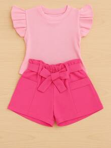Children's Set Cropped Frufru Blouse + Linen Clochard Shorts Kit With 2 Super Stylish Pieces CJI033 - 粉紅色和淡粉紅色 - 查看 2