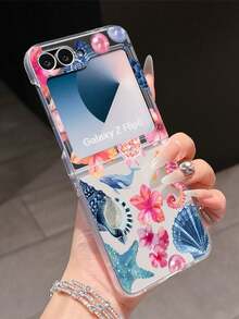 1pc Fashionable Minimalist Matte PC Material Ocean Element Foldable Phone Case, Protective And Anti-Drop, Compatible With Samsung Galaxy Zflip 3/Zflip 4/Zflip 5/Zflip 6/Zflip 7, Find N3 Flip, Razr 50 Ultra, Razr 60 Ultra, Razr 60, Razr 50, MIX Flip, Galaxy Z Flip7 FE - Transparent Blue - View 5