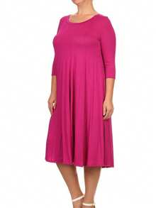 Plus Size Casual 3/4 Sleeves Basic A-Line Pleated Solid Midi Dress  Wedding - Magenta - View 2