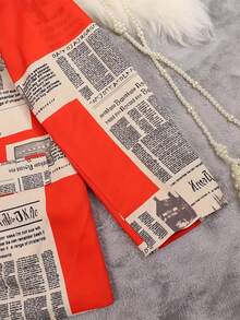 1 件女士报纸字母印花纽扣前口袋休闲西装外套，日常穿着，春秋季 - 彩色 - 查看 6