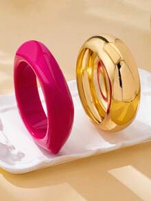 2pcs Simple Glossy Hammered Textured Bangle Set, Fashionable & Versatile For Women