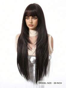 28 英寸黑色长直发合成假发，带刘海，自然黑色耐热纤维发，全机器制作，Cosplay 派对假发，适合时尚女性日常校服，适合万圣节和圣诞节新年狂欢音乐节角色扮演、女孩礼物、夏季毕业礼物、现成礼物、万圣节圣诞节礼物 - 棕色 - 查看 6