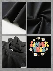 Camiseta gráfica retro de verano para mujer, elegante camiseta de manga corta con cuello redondo y estampado de margaritas, top informal de corte relajado, perfecta para vacaciones y uso diario. - Negro - Ver 4