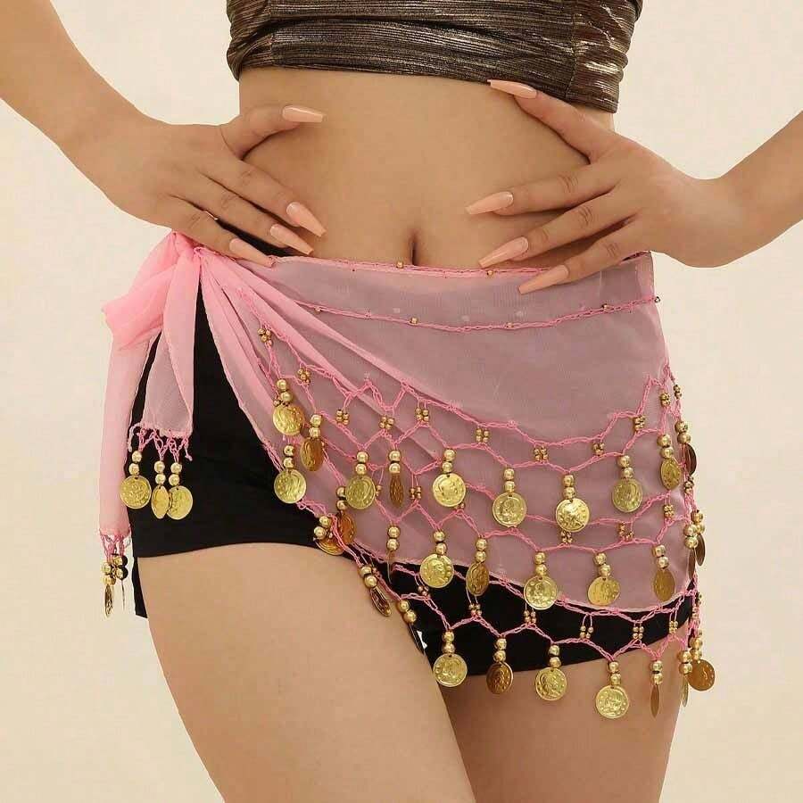 1pcs Bohemian Tassel Belt Pink Belly Dance Skirt Glitter Hip Scarf Dance Dress Belt Waist Chain Women Daily Use - Hồng - Xem 1