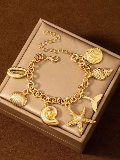 1pc 18K Gold Plated Starfish, Seashell, Heart Shaped Pendant Necklace, Stainless Steel, No Box, Design