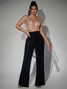 Sedessea Shiny Sequin Pearl Beaded Mesh Sheer Crop Top, Suitable For Braless Parties And Music Festivals - Gold - View 2
