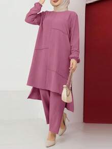 Women's Modest Two Piece Set Long Sleeve Tunic Top With Wide Leg Pants