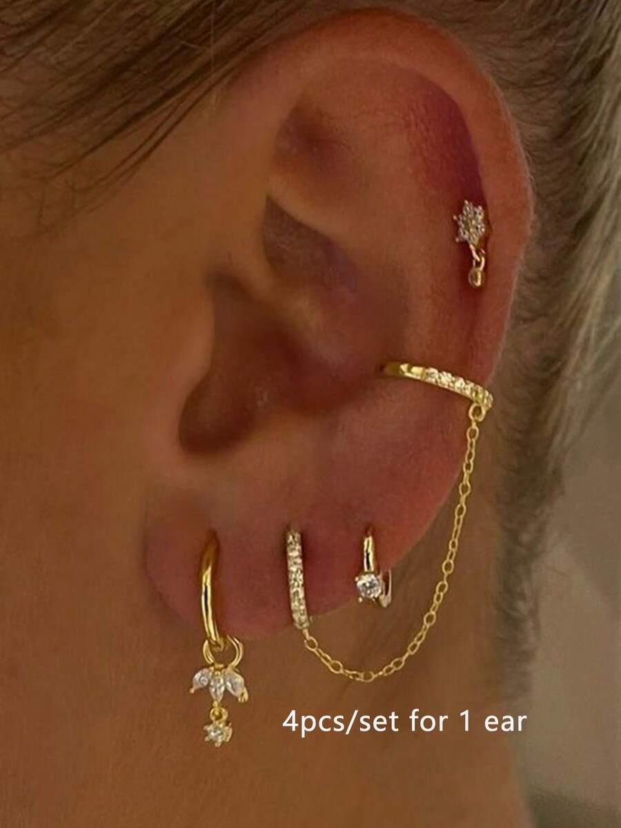4 件/套精致方晶锆石耳环链夹式耳钉，适合女士、日常佩戴和派对珠宝（数量适合一只耳朵） - 金黃色 - 查看 1