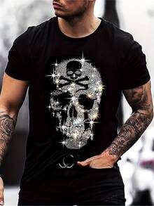 Herren Totenkopf Grafik Baumwoll-Shirt - atmungsaktiv, locker sitzend, Rundhalsausschnitt, Kurzarm, sportlich-lässiger Stil, waschbar, ganzjährig vielseitig einsetzbar, Totenkopf-Shirt, pflegeleichte Kleidung, funkelnde Textur - Schwarz - Übersicht 1