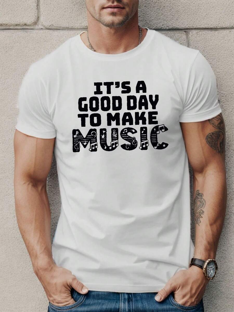 T-shirt casual da uomo con motivo geometrico vivace, a maniche corte e girocollo - Tessuto in poliestere morbido e leggermente elasticizzato, lavabile in lavatrice, ideale per tutte le stagioni, ideale per l'estate - T-shirt stampata a tema musicale