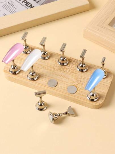 FULL BEAUTY حامل خشبي مغناطيسي ذو صفين و10 خلايا لممارسة تطبيق الأظافر الصناعية، حامل عرض قوي للأظافر الصناعية، أداة مانيكير