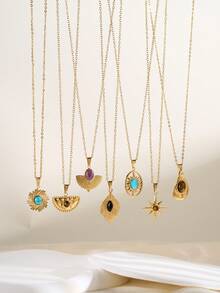 1 件优雅的 18K 镀金不锈钢项链，带有神秘羽毛、黑曜石、紫水晶、新月虎眼石、3D 八角形虎眼石、空心椭圆形八角形蓝色天然石、旋转旭日绿松石、不对称泪滴虎眼石吊坠，防过敏项链适合女性、日常、派对、街头服饰、礼物 - 金色 - 查看 1