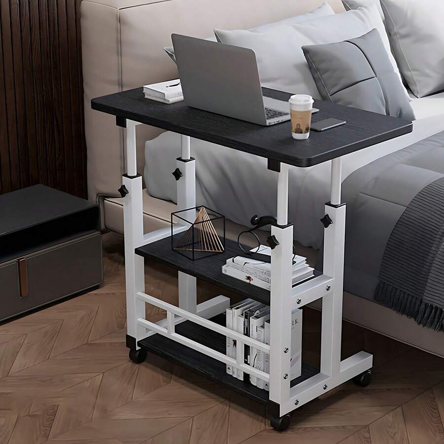 Adjustable Height Mobile Computer Desk With Wheels And Shelves For Home Office - màu đen - Xem 1