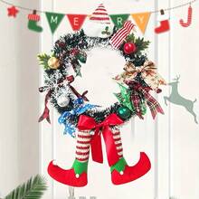 1pc Christmas Elf Leg Wreath With Red Bow - Artificial Holiday Door Hanger Decor, No Feathers, Wooden Material, Hanging Style, No Power Required