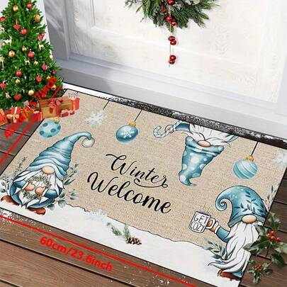 1 Stück Weihnachtszwerg Fußmatte - Maschinenwaschbare Polyester Fußmatte mit rutschfester Rückseite, geeignet für Schlafzimmer, Flur, Foto-Requisiten und Geschenke, schnell trocknend, wasserabsorbierend und rutschfest - Gestaltet mit blauen Zwergen und Schneeflocken für Festdekoration.